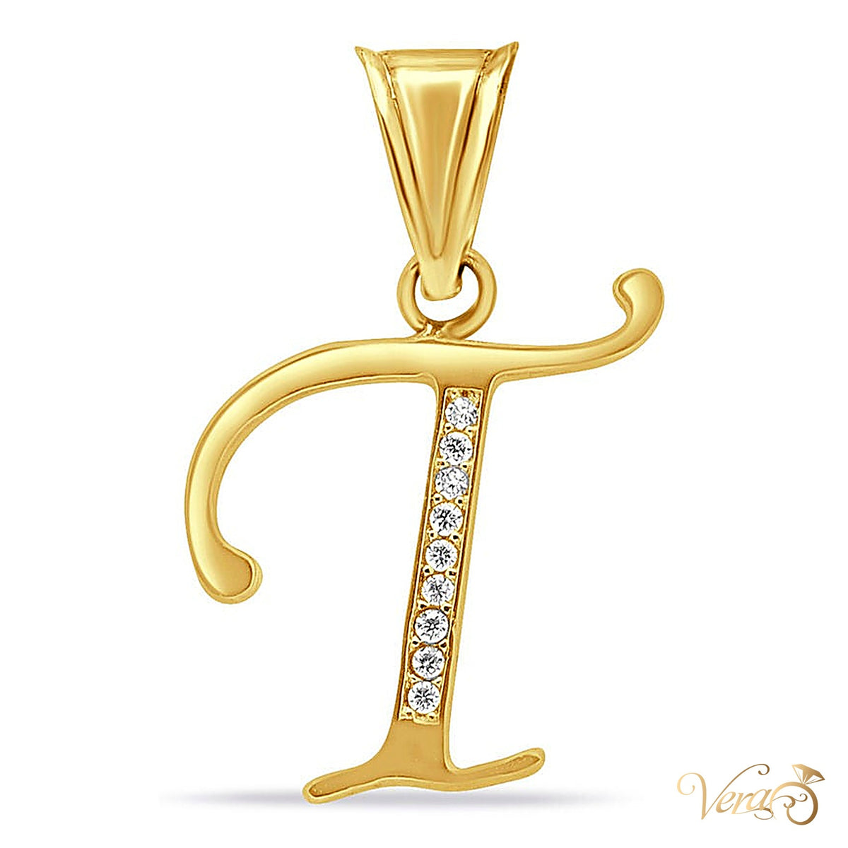 14K Yellow Gold Letter "T" Pendant with CZ - alternate view
