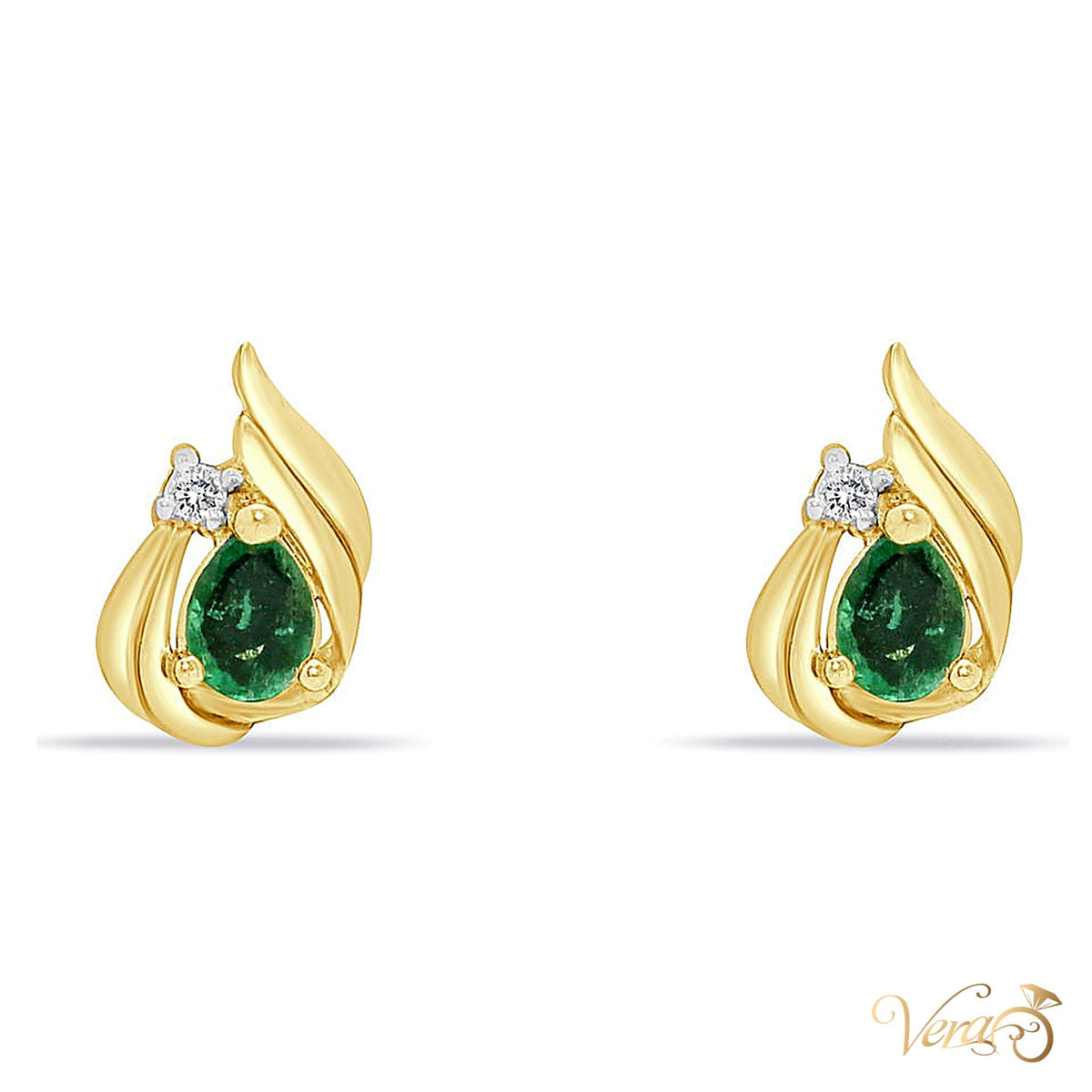 14K Yellow Gold Diamond and Emerald Stud Earrings, 0.02 ct, 10mm, 1.6g - alternate view