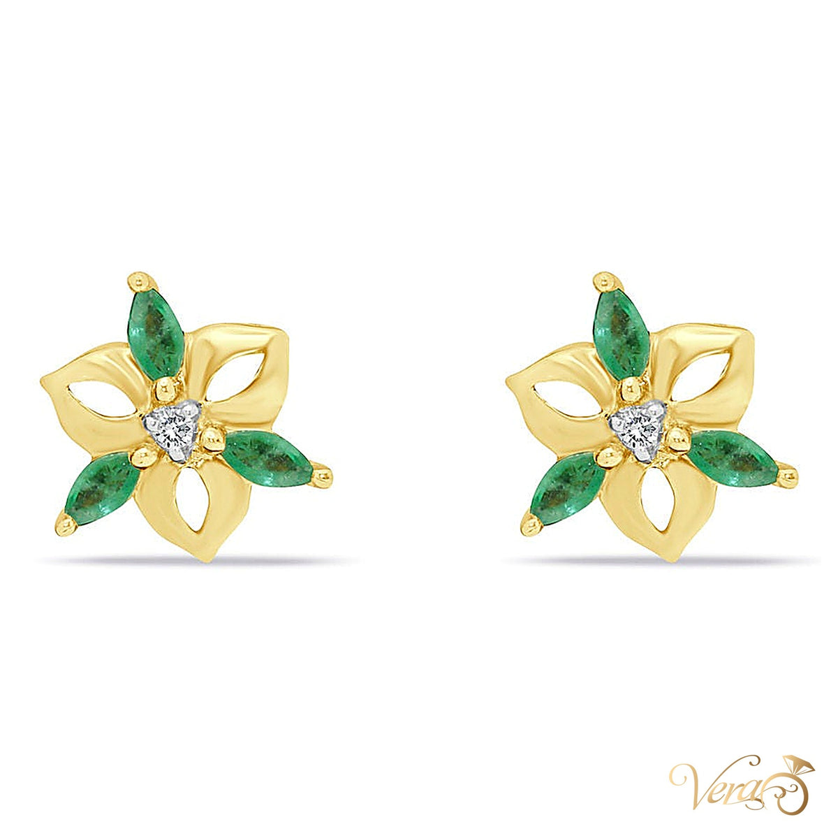 14K Yellow Gold Diamond and Emerald Stud Earrings, 0.02 ct, 12mm, 2.5g - alternate view