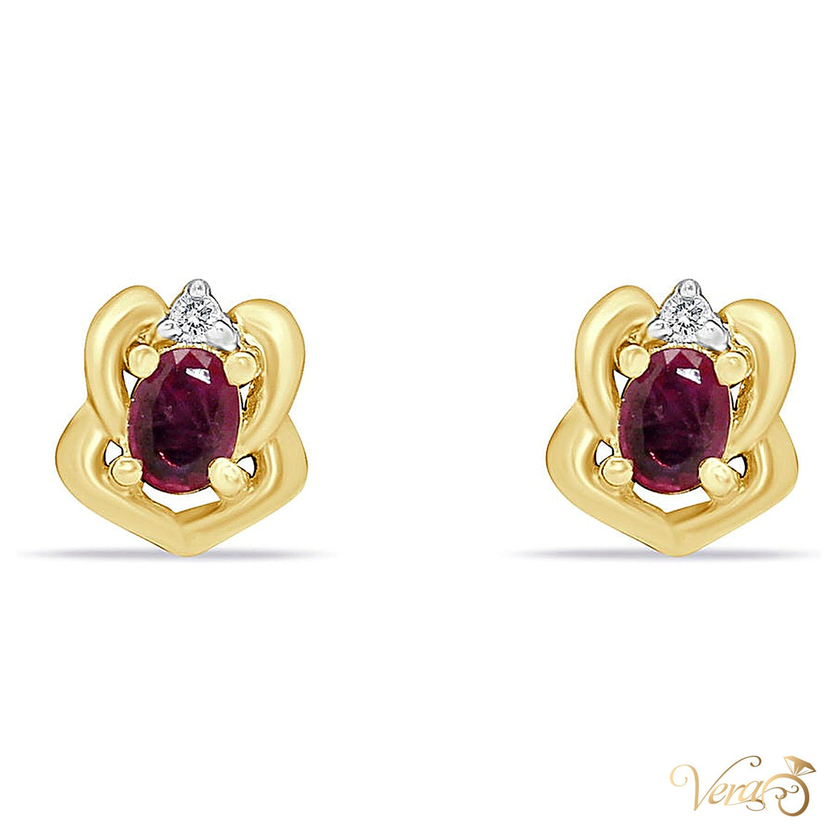 14K Yellow Gold Diamond and Ruby Stud Earrings, 0.02 ct, 8mm, 1.6g - alternate view