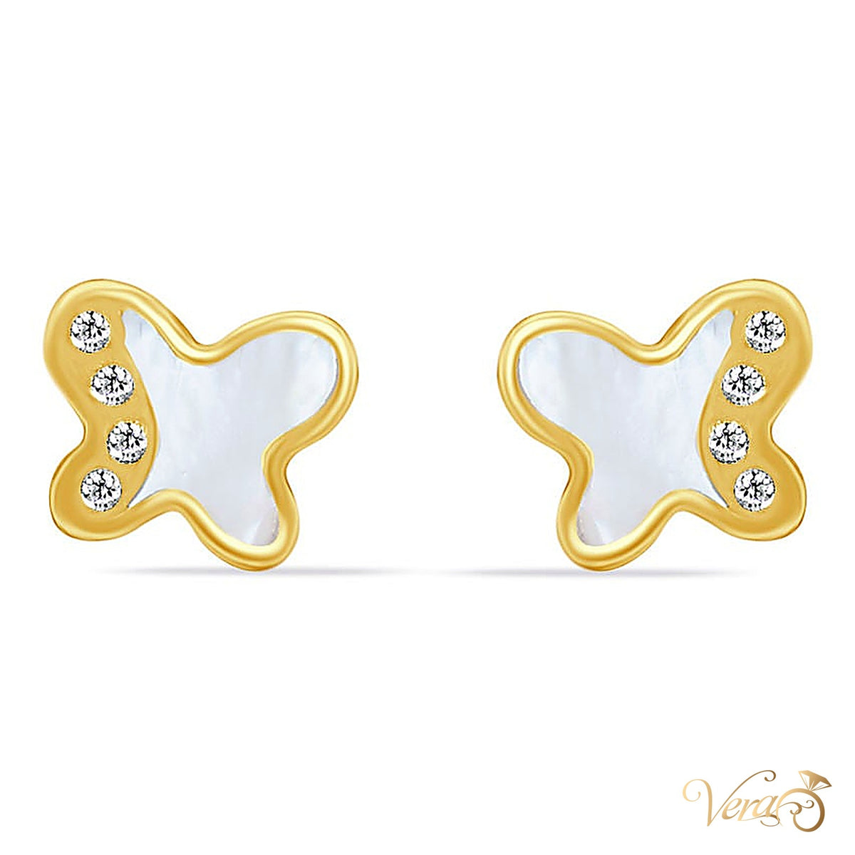 14K Yellow Gold Stud Earrings with Mother of Pearl & CZ, 6mm - alternate view