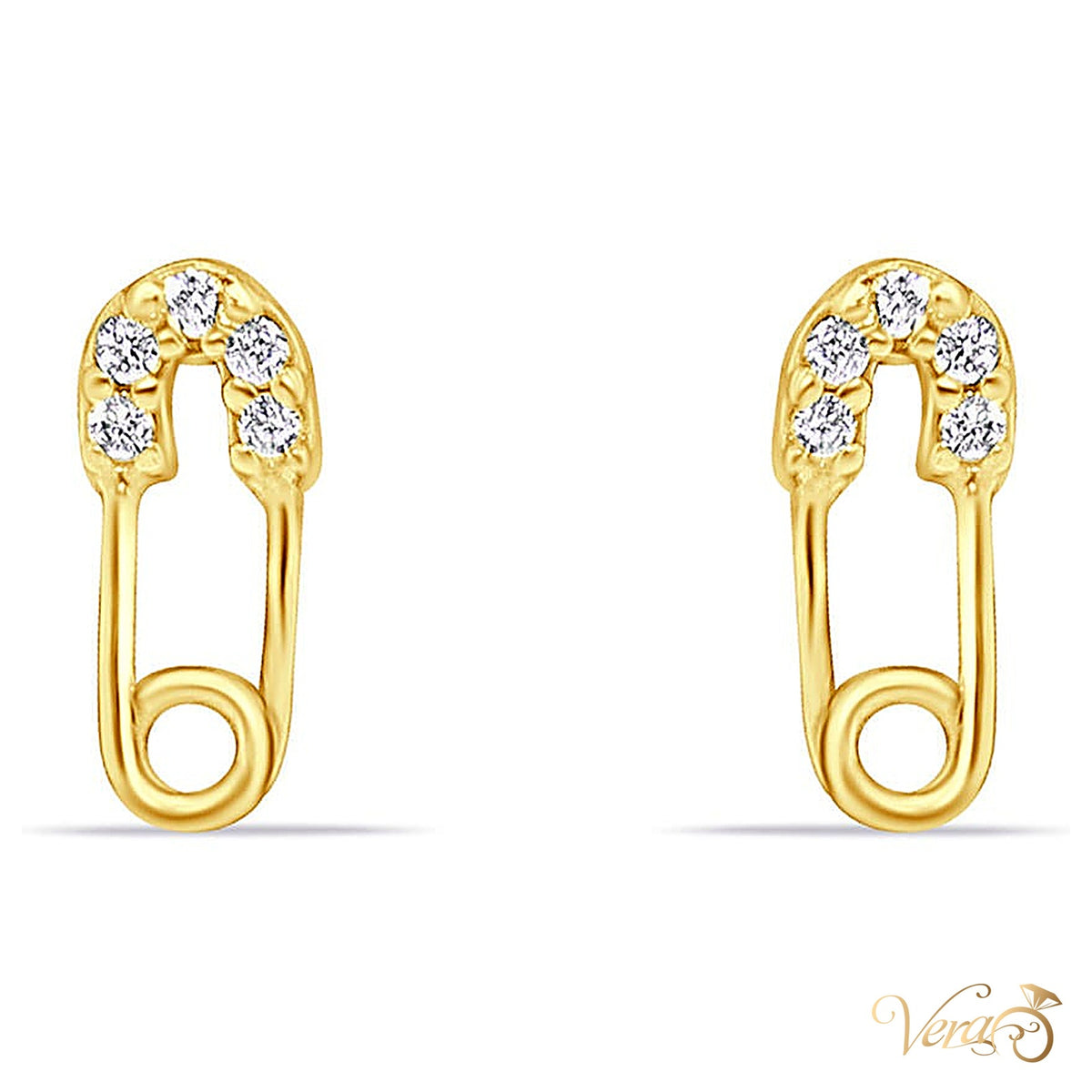14K Yellow Gold Safety Pin Stud Earrings with CZ, 7.8mm - alternate view