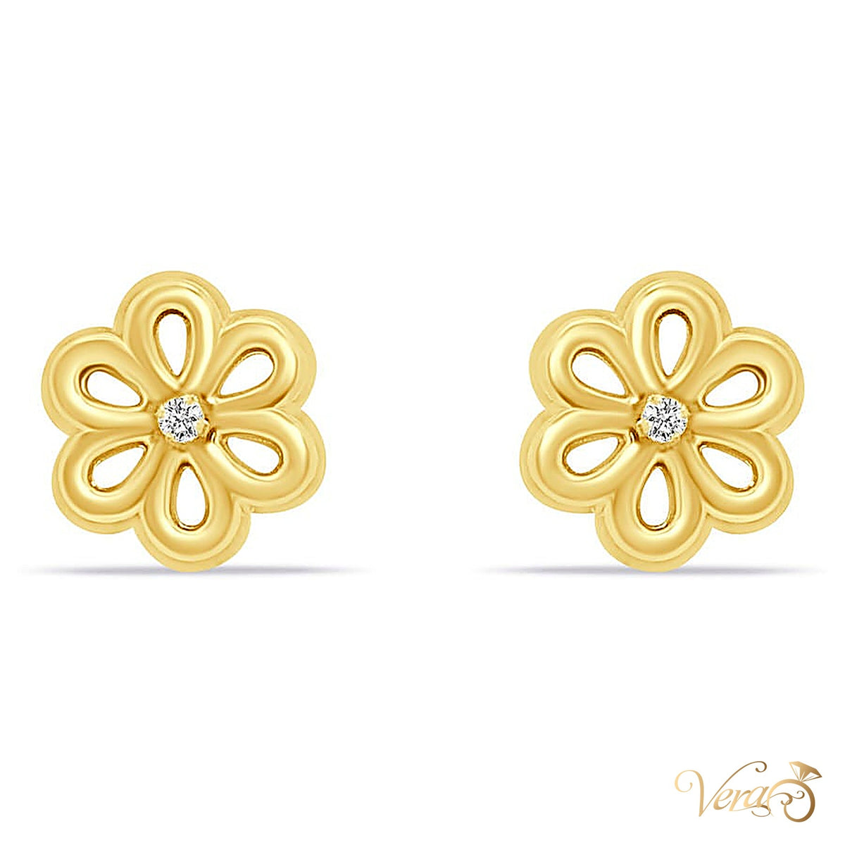14K Yellow Gold Floral Stud Earrings with CZ Center, 7.5mm - alternate view
