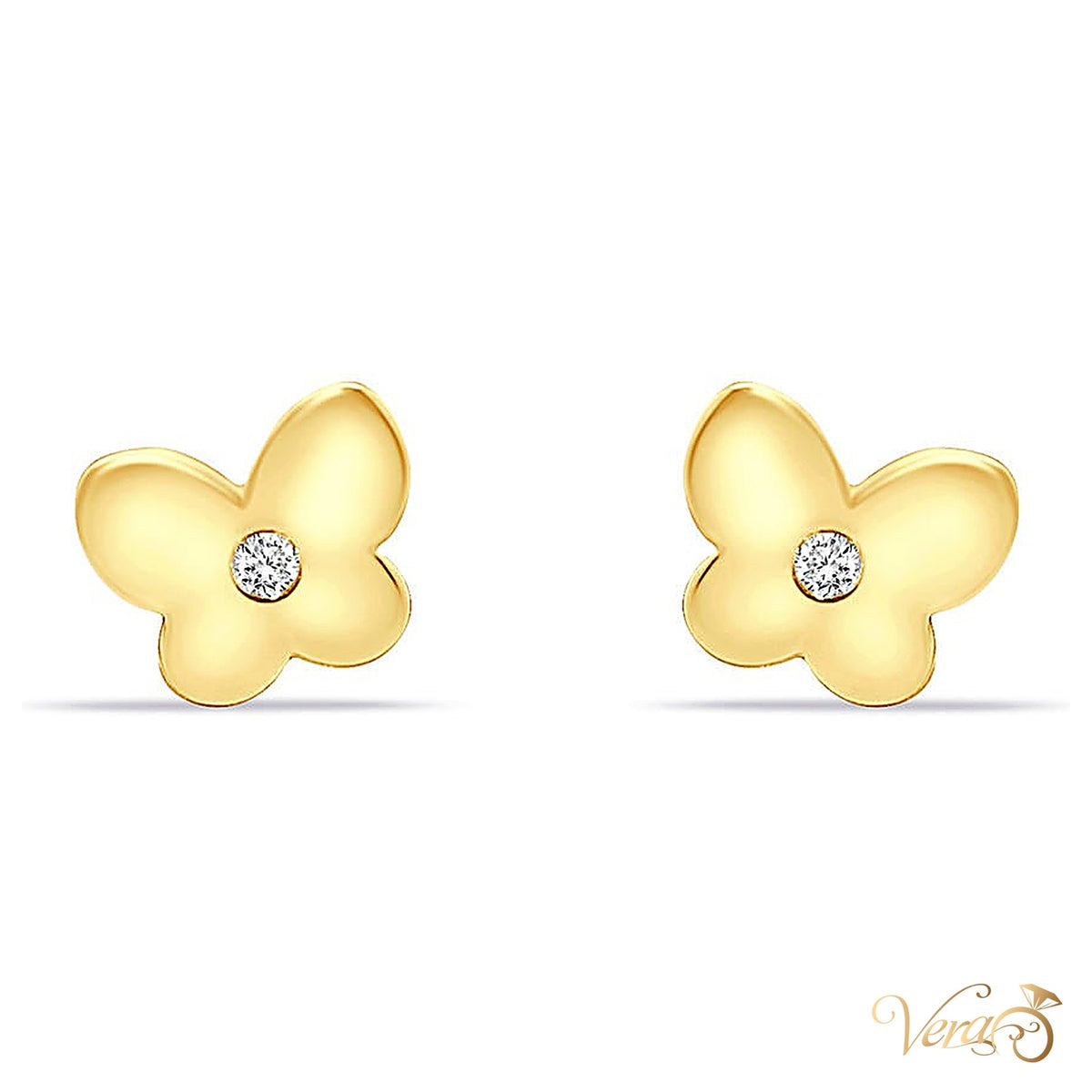 14K Yellow Gold Butterfly Stud Earrings with CZ Center, 5.7mm - alternate view