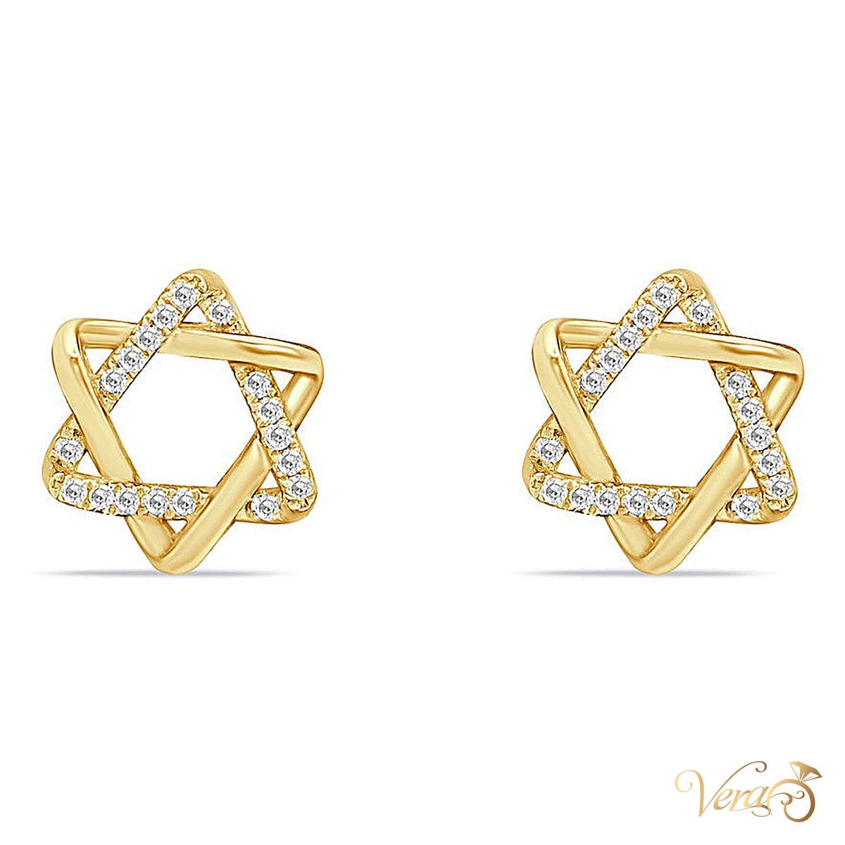 14K Yellow Gold Star Stud Earrings with Natural Diamonds, 10mm, 1.6g - alternate view