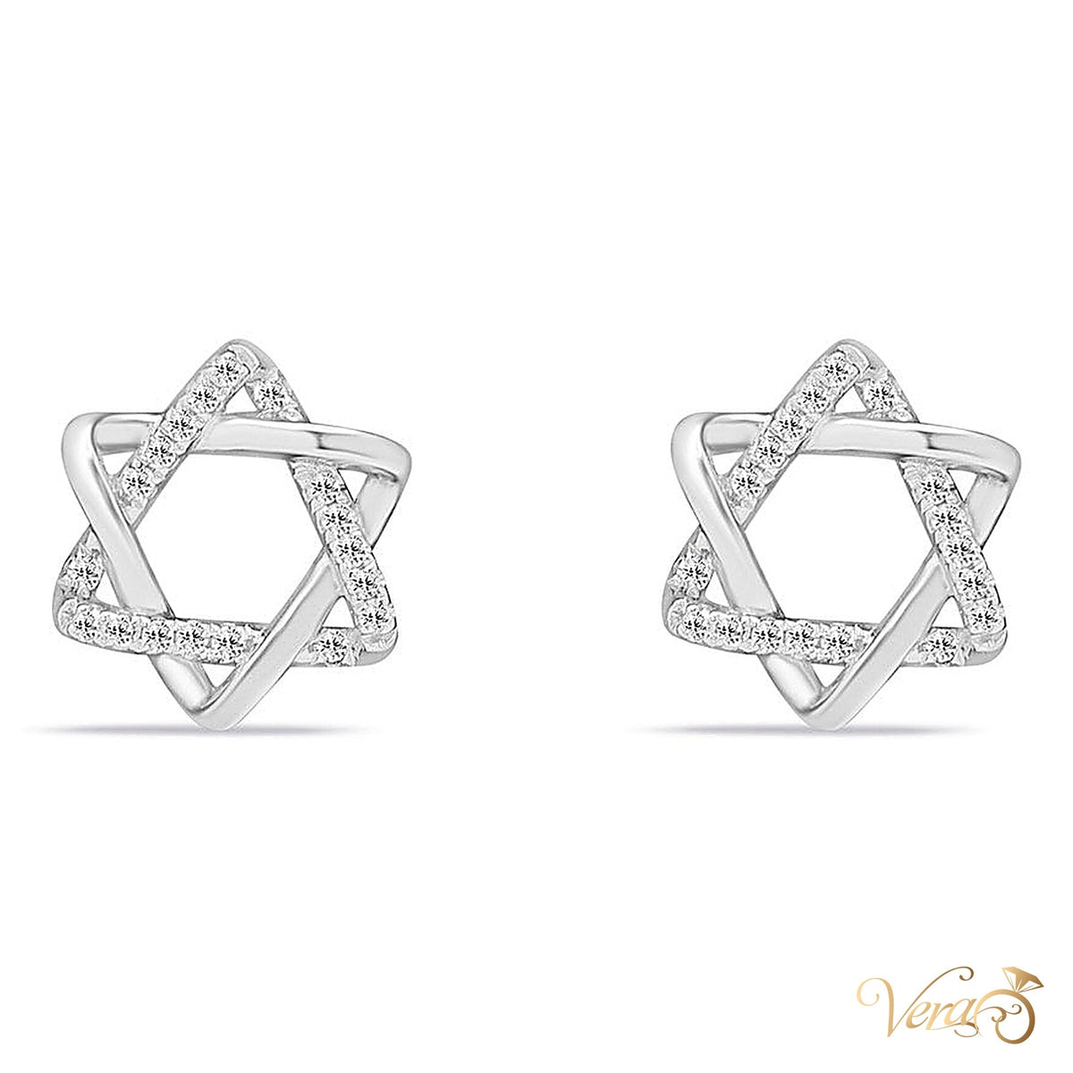 14K White Gold Star Stud Earrings with Natural Diamonds, 10mm, 1.5g - alternate view