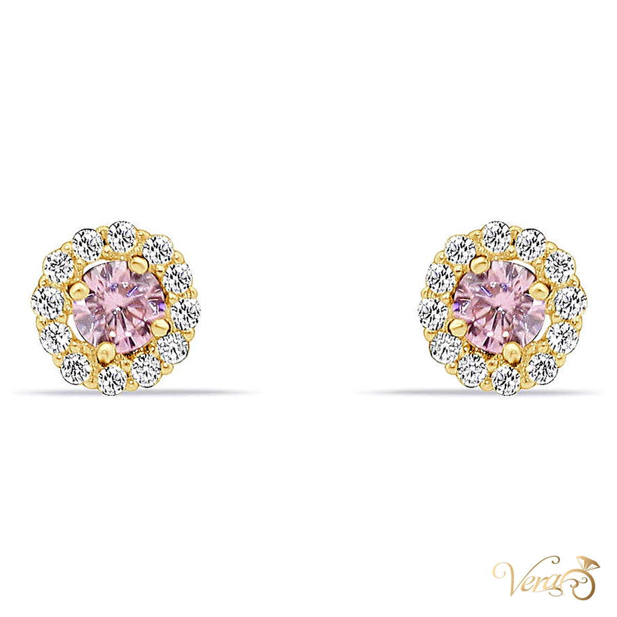 14K Yellow Gold Round Stud Earrings with Pink Cubic Zirconia, 5mm - alternate view