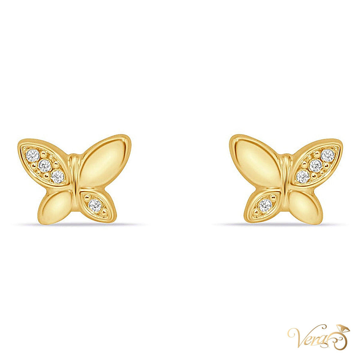 14K Yellow Gold Butterfly Stud Earrings with Cubic Zirconia, 6mm - alternate view