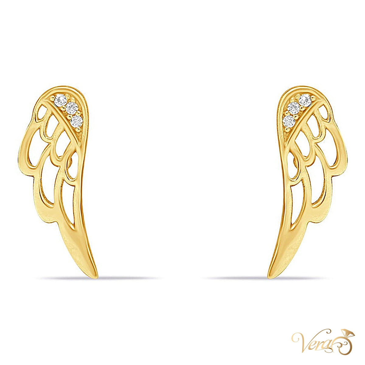 14K Yellow Gold Wing Stud Earrings with Cubic Zirconia, 14mm - alternate view