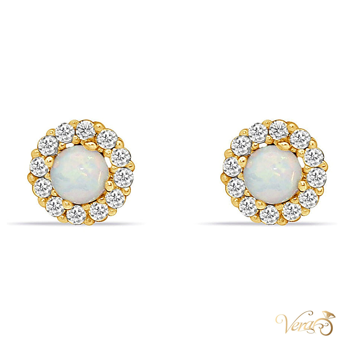 14K Yellow Gold Round Stud Earrings with Opal & Cubic Zirconia, 5.5mm - alternate view