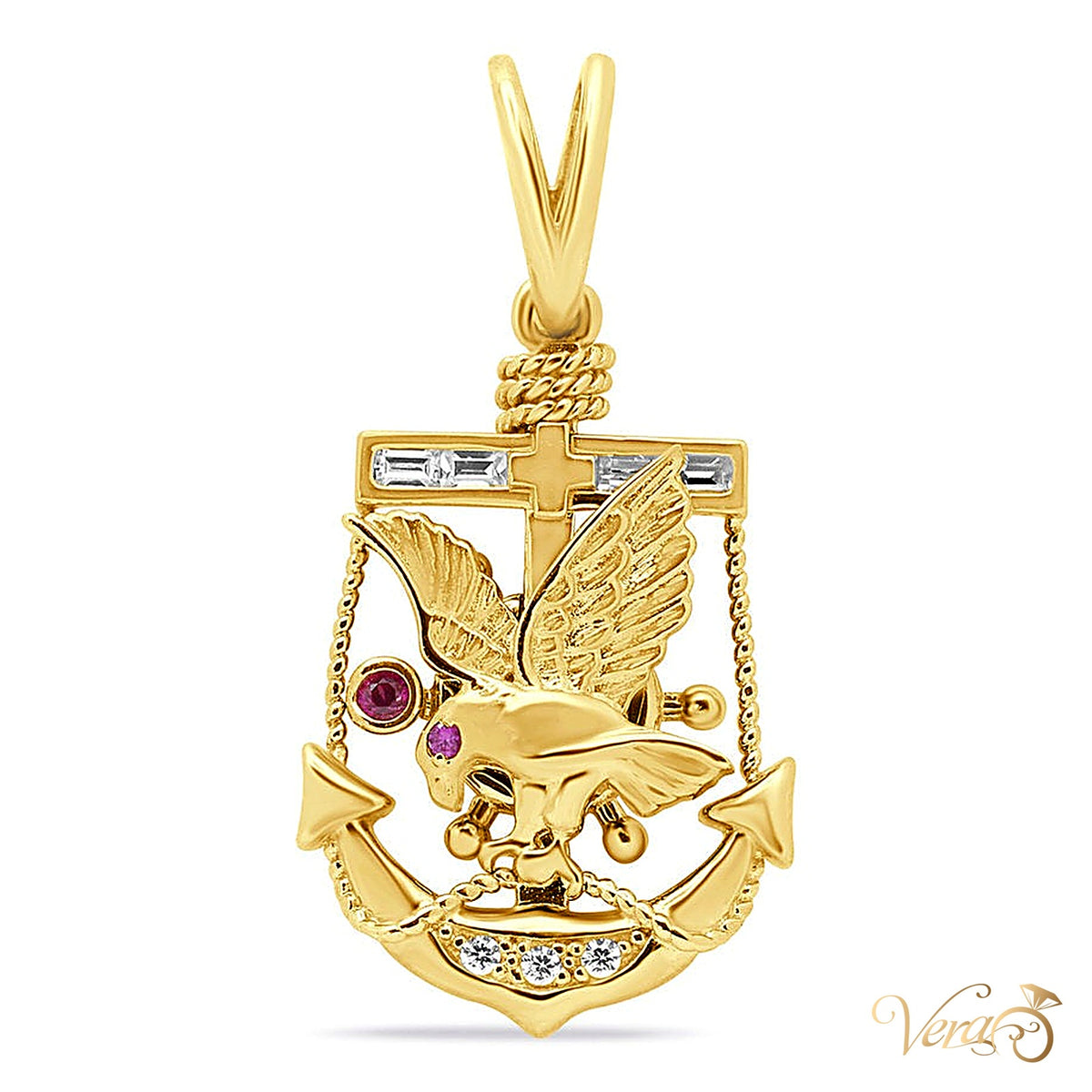 14K Yellow Gold Anchor Pendant with Eagle & Ship Wheel – 37mm - alternate view