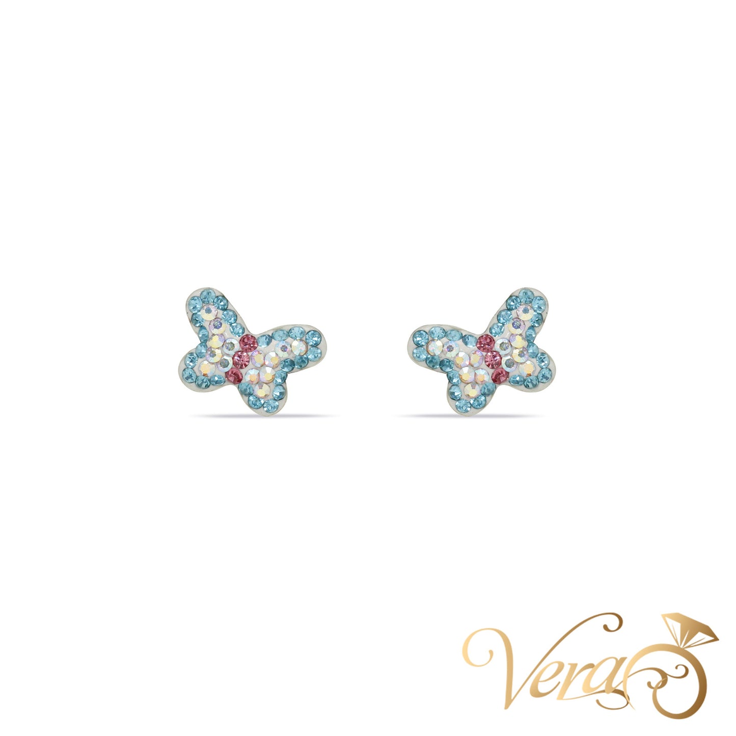 14K Yellow Gold Butterfly Stud Earrings with Multicolor Cubic Zirconia, 8mm - Vera Jewelry in Miami