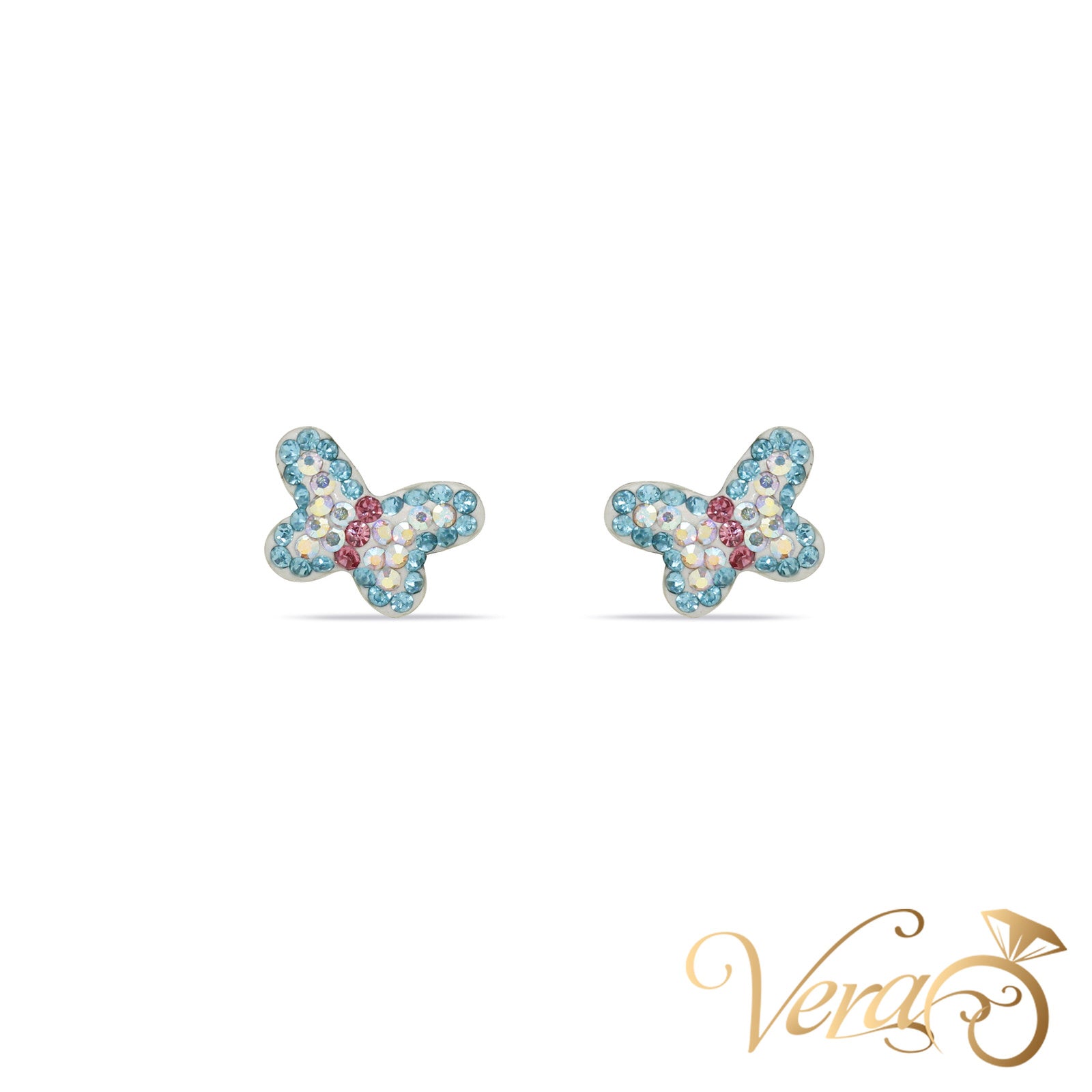 14K Yellow Gold Butterfly Stud Earrings with Multicolor Cubic Zirconia, 8mm - Vera Jewelry in Miami