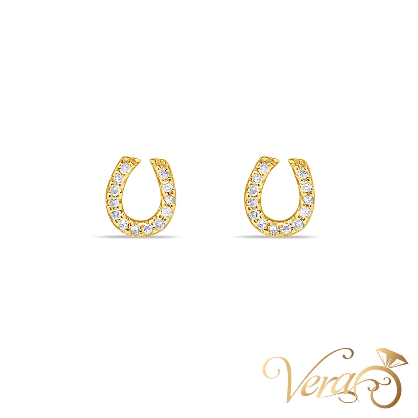 14K Yellow Gold Horseshoe Stud Earrings with 0.10ct Diamonds, 6.7mm, 0.9g - Vera Jewelry in Miami