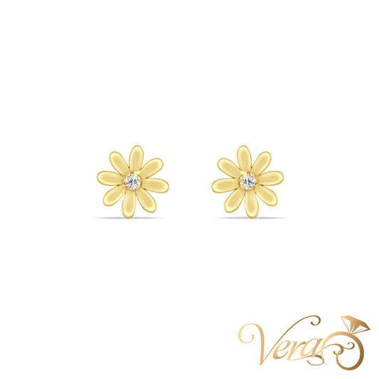 14K Yellow Gold Floral Stud Earrings with CZ Center, 6mm - Vera Jewelry in Miami