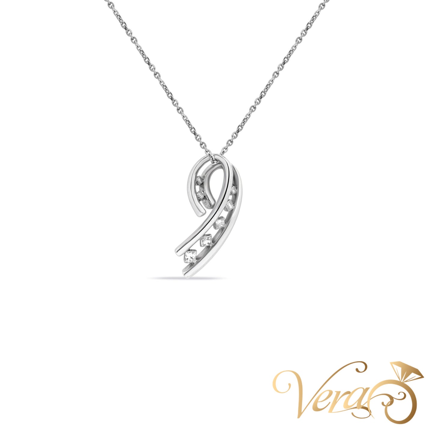 18K White Gold Diamond Pendant with 14K White Gold Chain  0.20ct  16" - Vera Jewelry in Miami