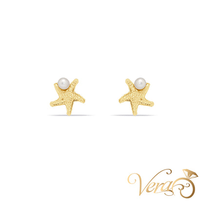 14K Yellow Gold Sea Star Stud Earrings with Pearl, 8mm