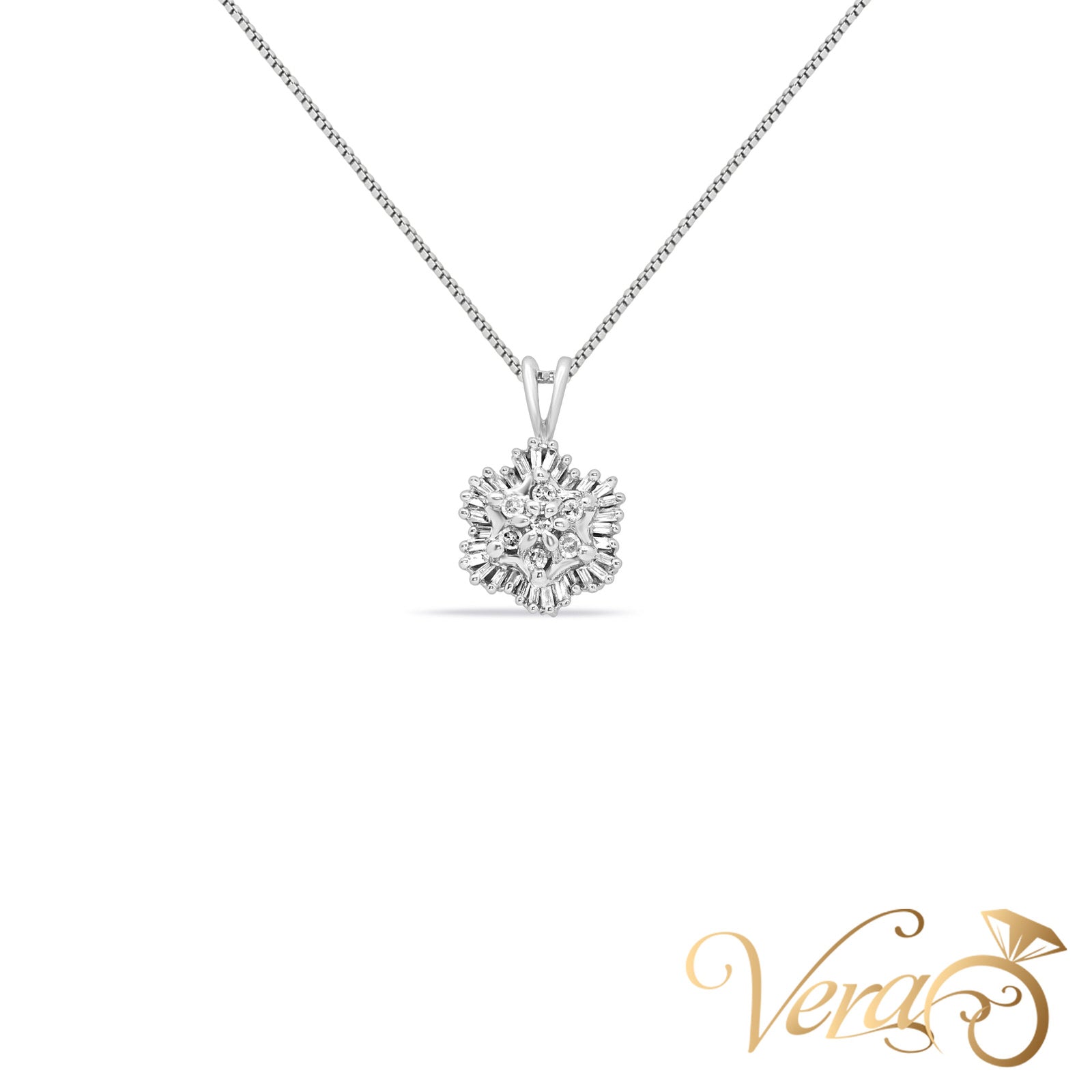 14K White Gold Floral Pendant with Franco Chain & 0.30ct Diamond  17" - Vera Jewelry in Miami