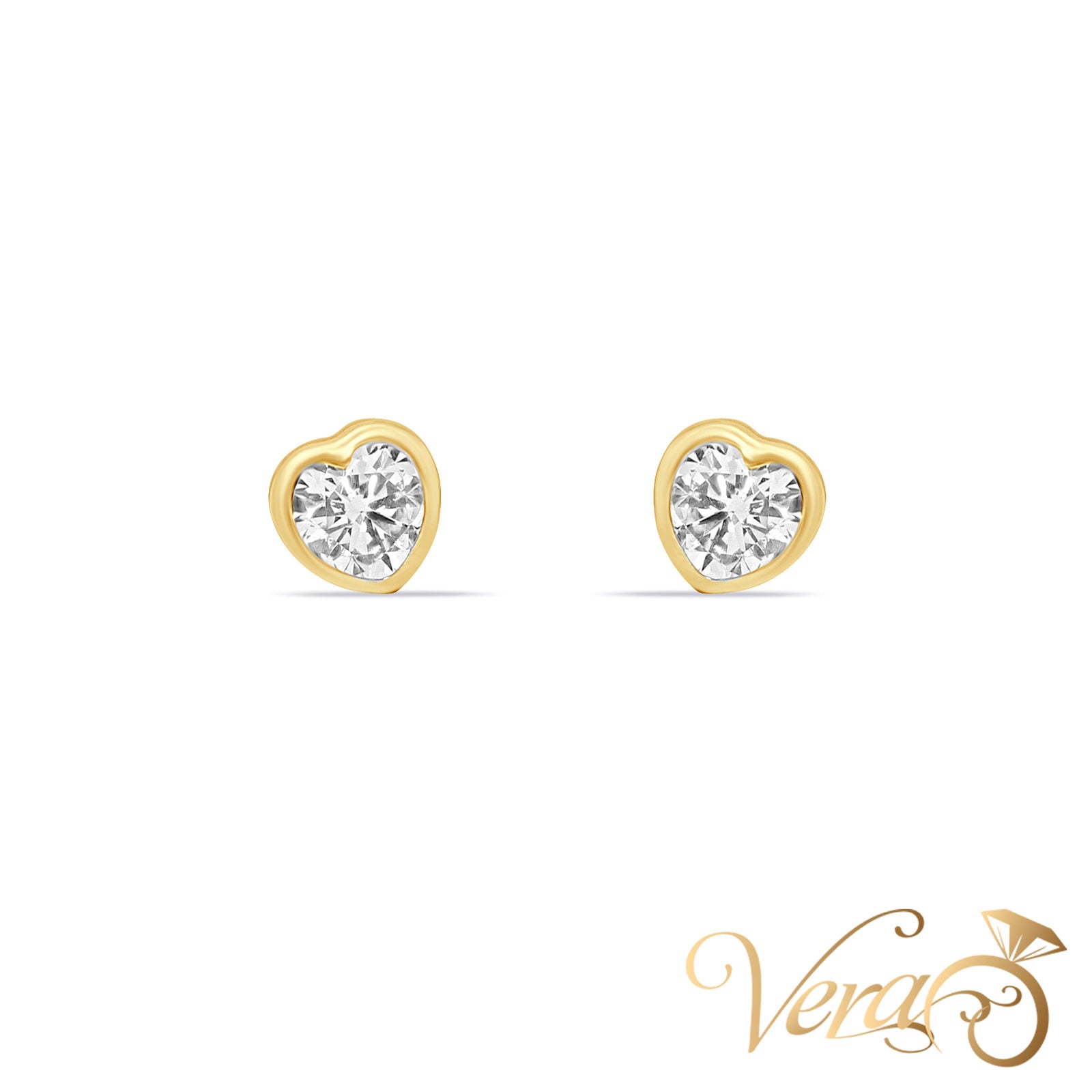 14K Yellow Gold Heart Stud Earrings with Cubic Zirconia, 6mm - Vera Jewelry in Miami