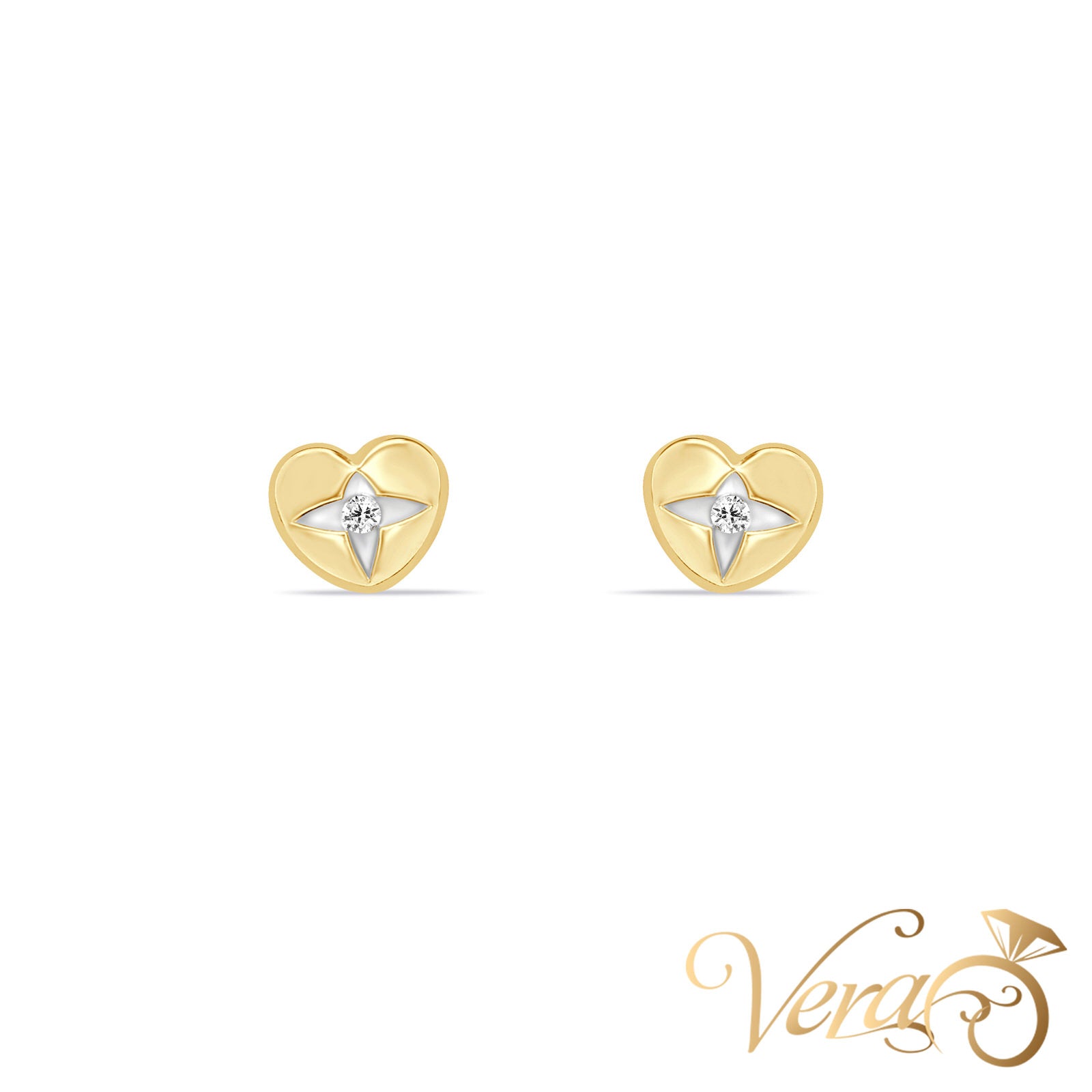 14K Yellow Gold Heart Stud Earrings with Cubic Zirconia, 5.5mm - Vera Jewelry in Miami