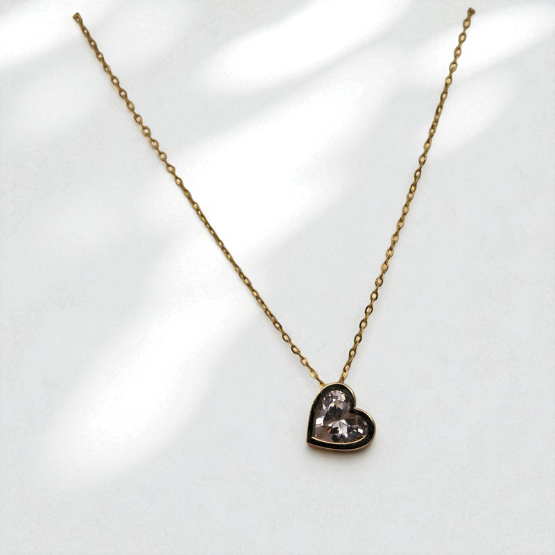 14K Yellow Gold Heart Charm Cubic Zirconia Necklace 17