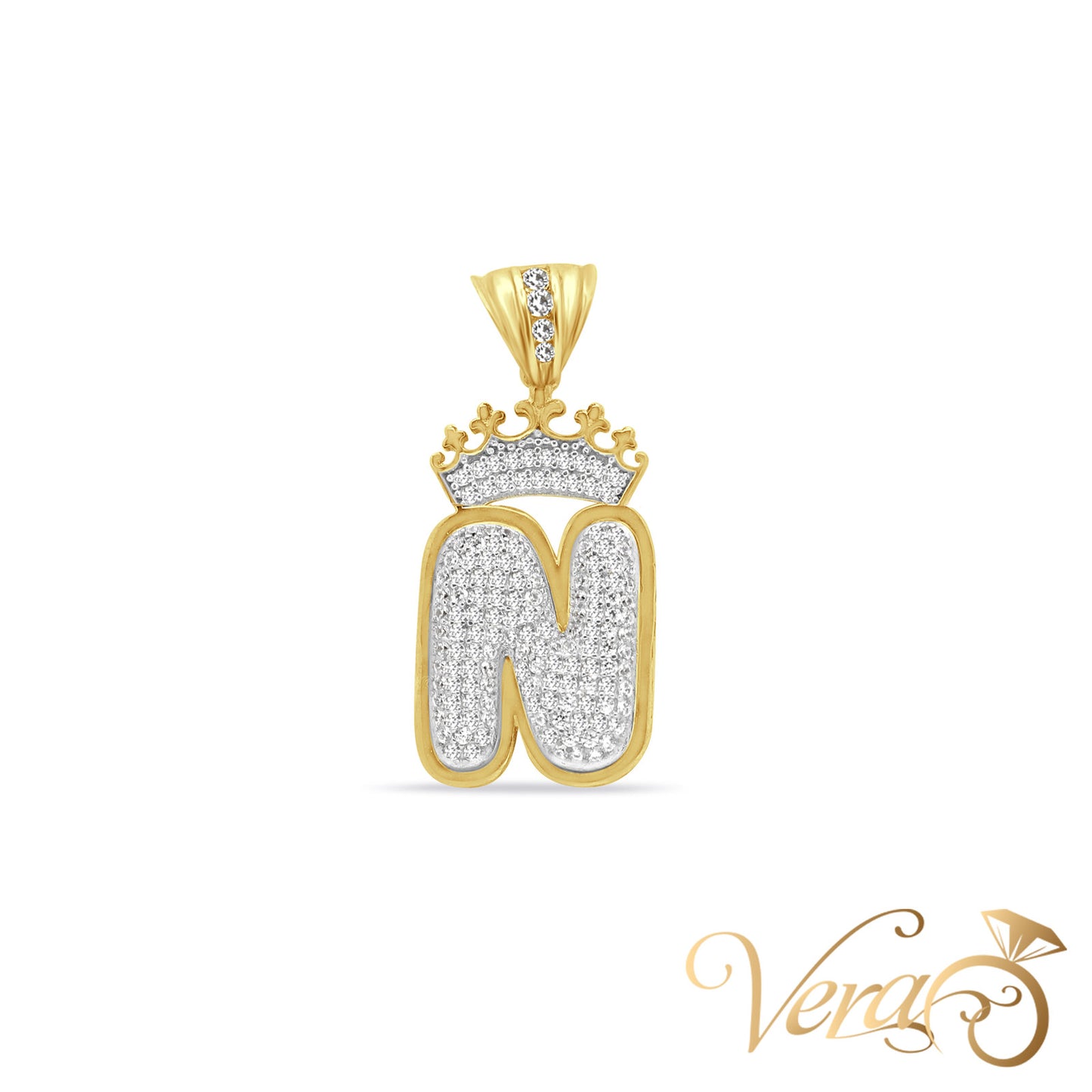 10K Yellow Gold Crowned Letter “N” Pendant with CZ