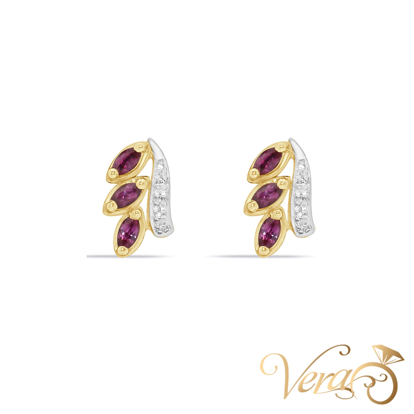 14K Yellow Gold Diamond and Ruby Stud Earrings, 0.04 ct, 12mm, 2.4g - Vera Jewelry in Miami