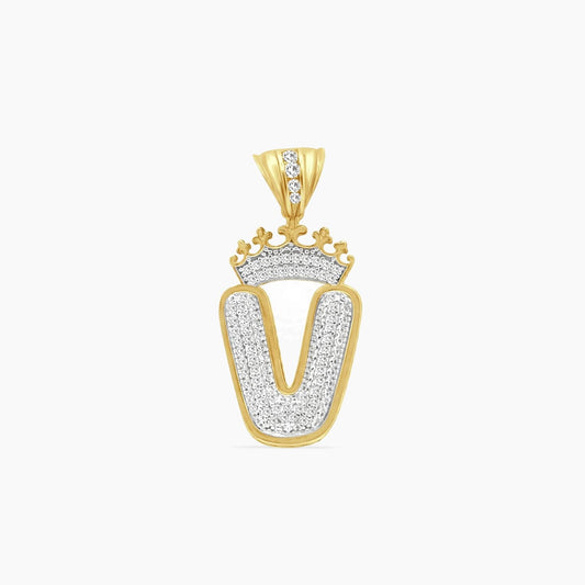 10K Yellow Gold Crowned Letter “V” Pendant with CZ