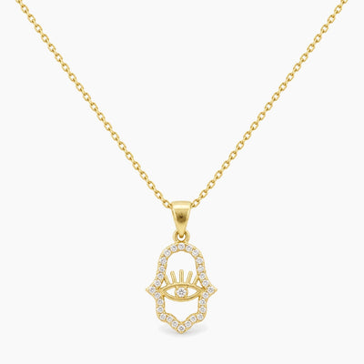 10K Yellow Gold Cubic Zirconia Hamsa Hand Chain & Pendant, 15.5", 3.9g