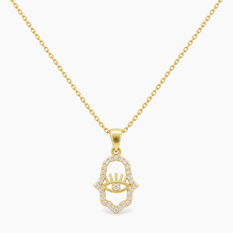 10K Yellow Gold Cubic Zirconia Hamsa Hand Chain & Pendant, 15.5