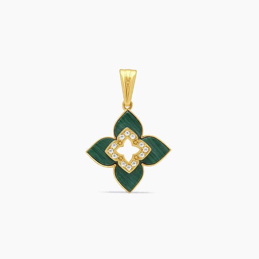 10K Yellow Gold Floral Pendant with CZ & Malachite – 28mm