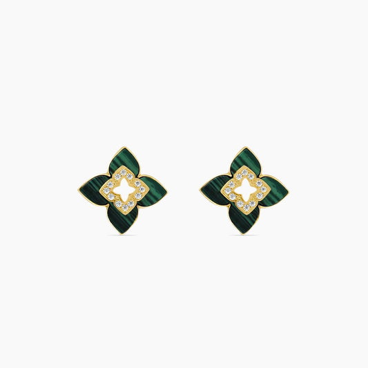 10K Yellow Gold Floral Stud Earrings with Malachite & CZ, 16mm