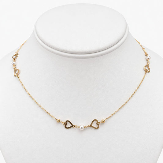 10K Yellow Gold Heart Necklace with Pearl & Cubic Zirconia, 17"