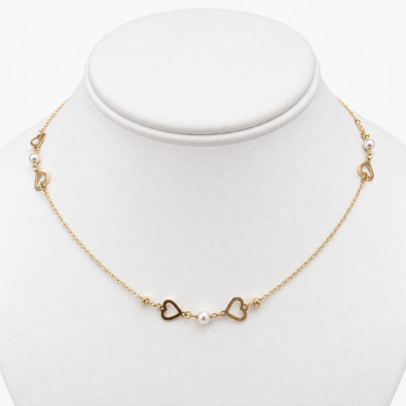10K Yellow Gold Heart Necklace with Pearl & Cubic Zirconia, 17