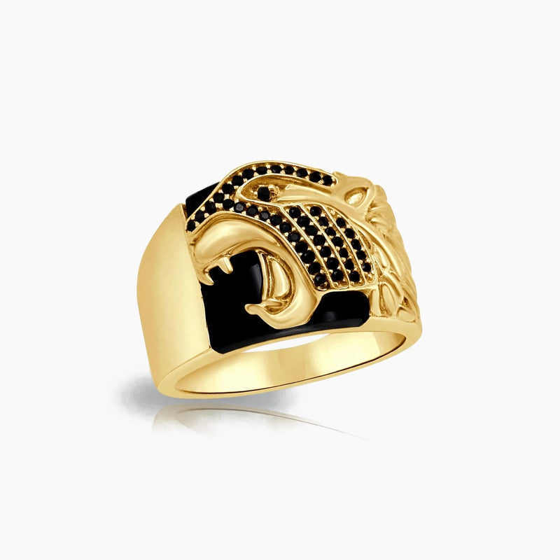 10K YG Men’s Jaguar Head Ring over Onyx with Stone Accents