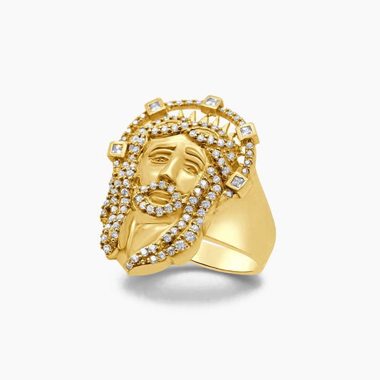 10K Yellow Gold Men’s Ring with Jesus Face & CZ, Size 10, 7.1g