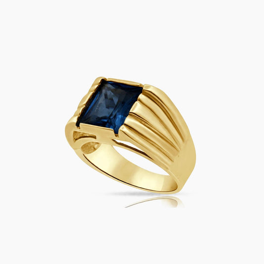 10K Yellow Gold Men’s Ring with Octagonal Blue CZ Center Stone