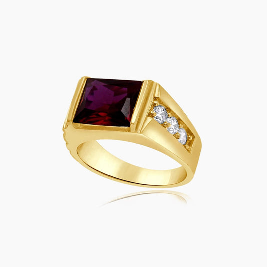 10K Yellow Gold Men’s Ring with Red Rectangular CZ & Side Stones
