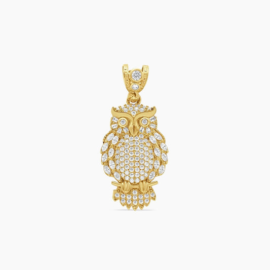 10K Yellow Gold Owl Pendant with CZ 42mm