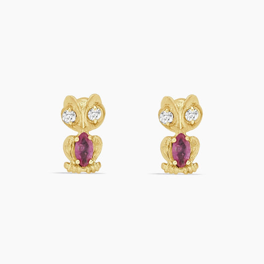 10K Yellow Gold Owl Stud Earrings with CZ & Ruby, 14mm, 2.0g