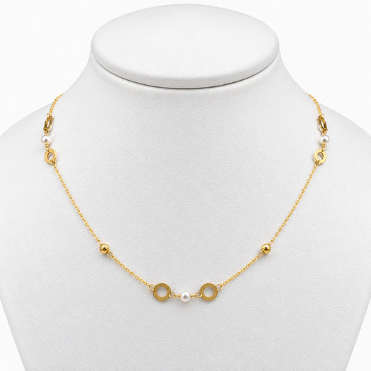 10K Yellow Gold Round Necklace with Pearl & Cubic Zirconia, 17"