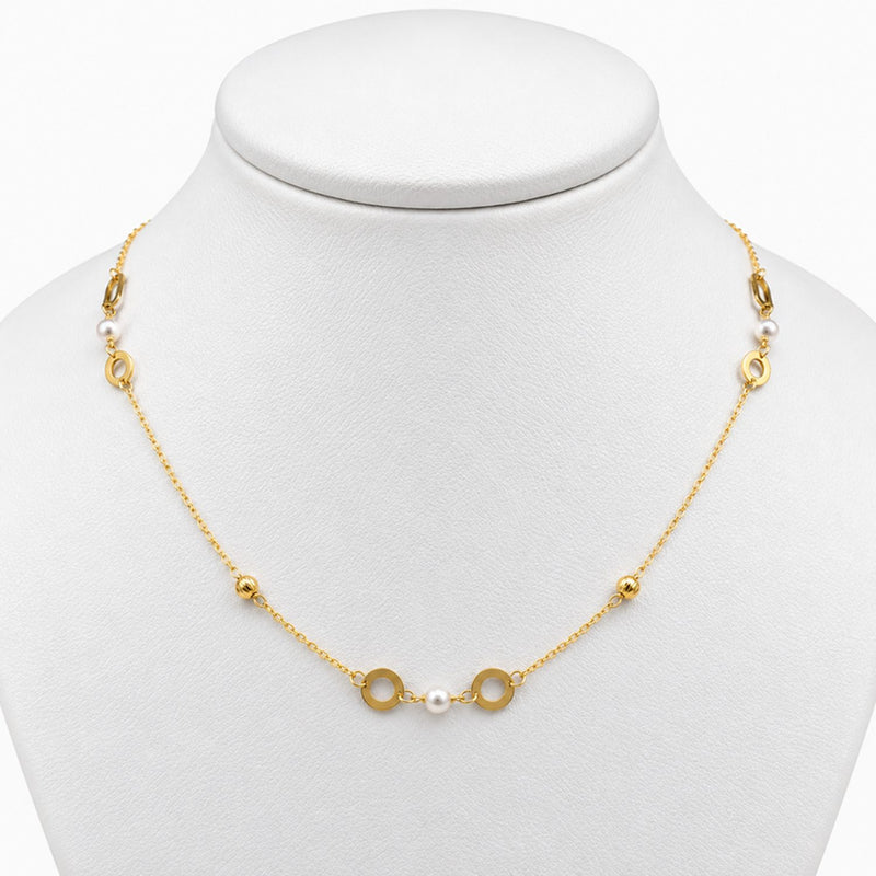 10K Yellow Gold Round Necklace with Pearl & Cubic Zirconia, 17