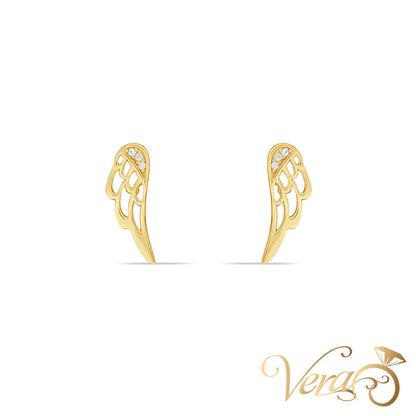14K Yellow Gold Wing Stud Earrings with Cubic Zirconia, 14mm