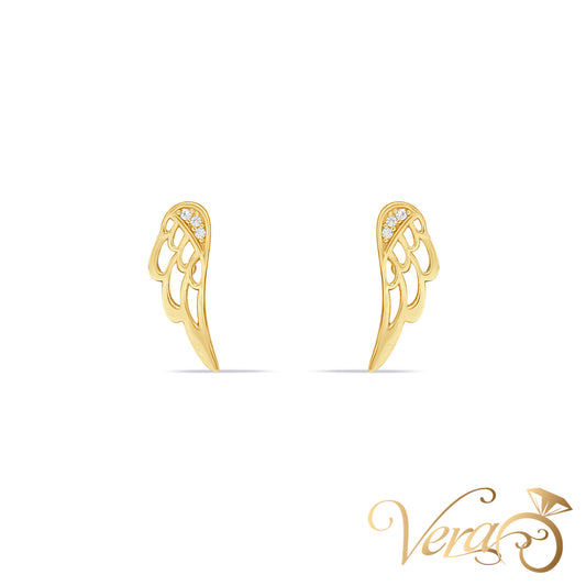 14K Yellow Gold Wing Stud Earrings with Cubic Zirconia, 14mm - Vera Jewelry in Miami