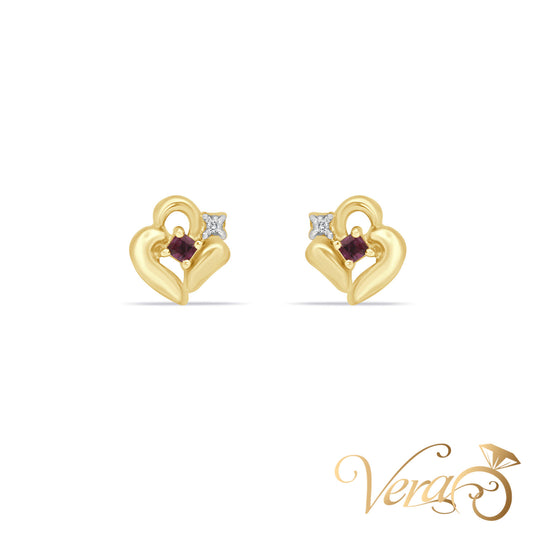 14K Yellow Gold Diamond and Ruby Stud Earrings, 0.02 ct, 11mm, 2.3g