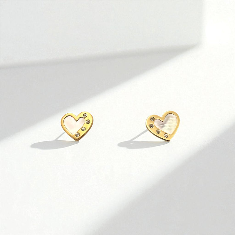 14K Yellow Gold Heart Mother of Pearl & Cubic Zirconia Earrings