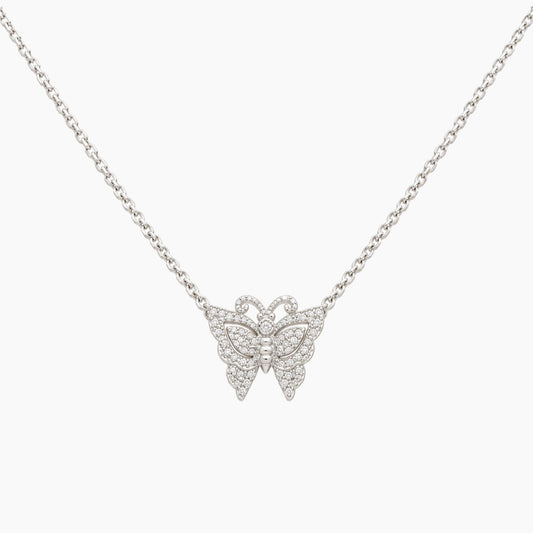 14K White Gold Butterfly Necklace with Natural Diamonds, 16"