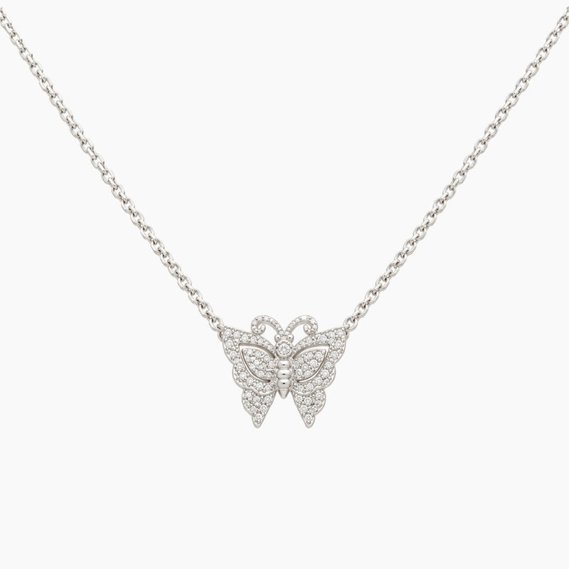 14K White Gold Butterfly Necklace with Natural Diamonds, 16