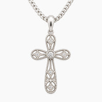 14K White Gold Cross Chain & Pendant with Natural Diamonds, 16