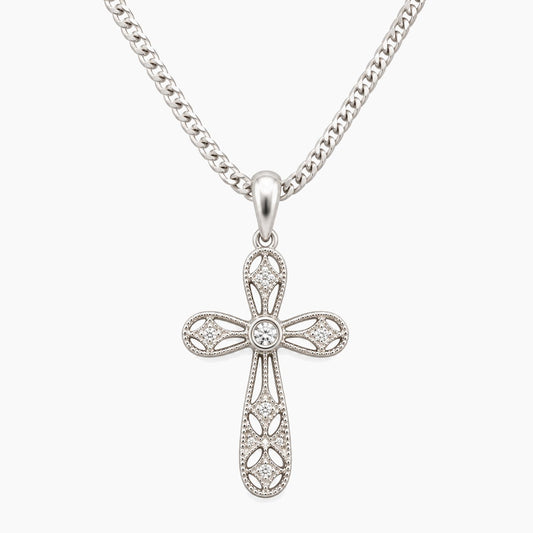 14K White Gold Cross Chain & Pendant with Natural Diamonds, 16"